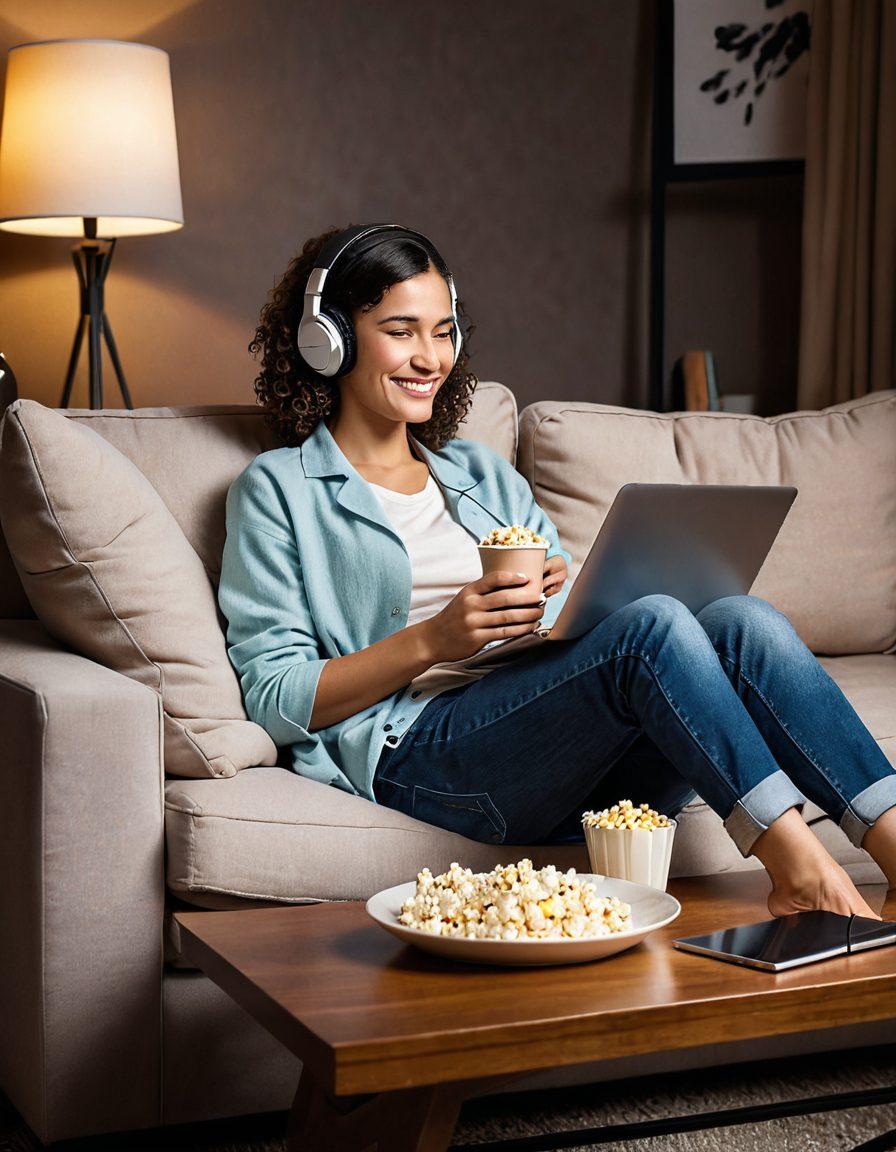 A cozy living room with a comfortable sofa, soft lighting from a modern lamp, a laptop open on a coffee table showing a streaming service, popcorn and a glass of wine on the side. A person relaxed and smiling while wearing headphones, enjoying the movie. Modern and intimate atmosphere. super-realistic. warm tones.