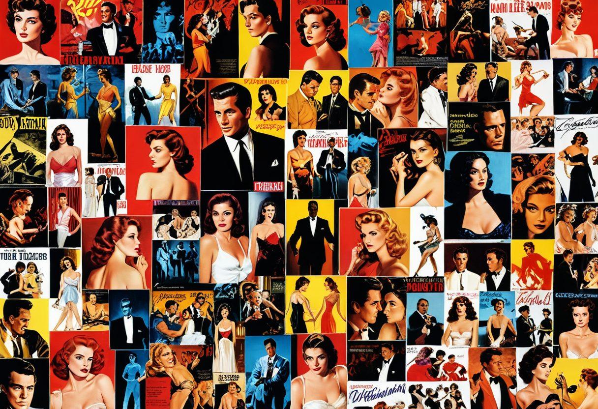 A vibrant montage of iconic scenes from classic X-rated films, tastefully arranged to evoke nostalgia and allure. The image should include sultry characters, dramatic lighting, and a sense of mystique. Background elements should hint at diverse film genres, from romance to thriller. painting. vibrant colors. white background.