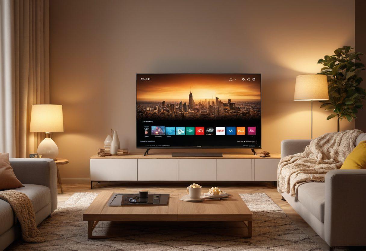 A cozy, modern living room with a sleek smart TV displaying a movie streaming interface, subtle dim lighting, a bowl of popcorn on the coffee table, and a comfy sofa with a fluffy blanket. The atmosphere hints at an adult-friendly setting without explicit content. super-realistic. warm tones. inviting ambiance.